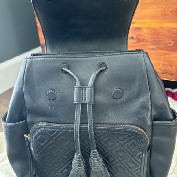 Tory Burch Black Quilted Leather Fleming Drawstring Backpack